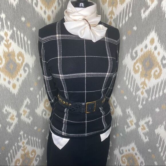 Ralph Lauren Collection Italian Black & Ivory Plaid Cashmere Crewneck Sweater - Picture 1 of 16
